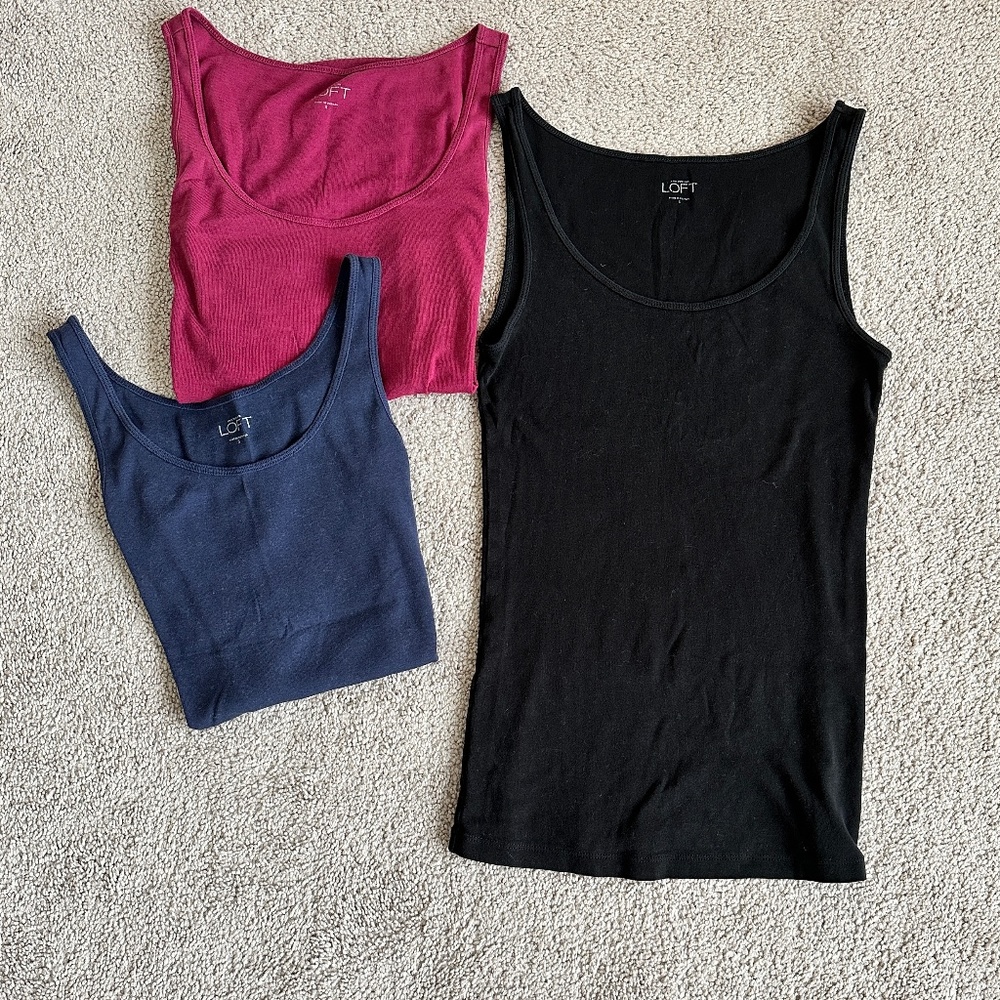 3 Loft size small tank tops in blue, pink and black